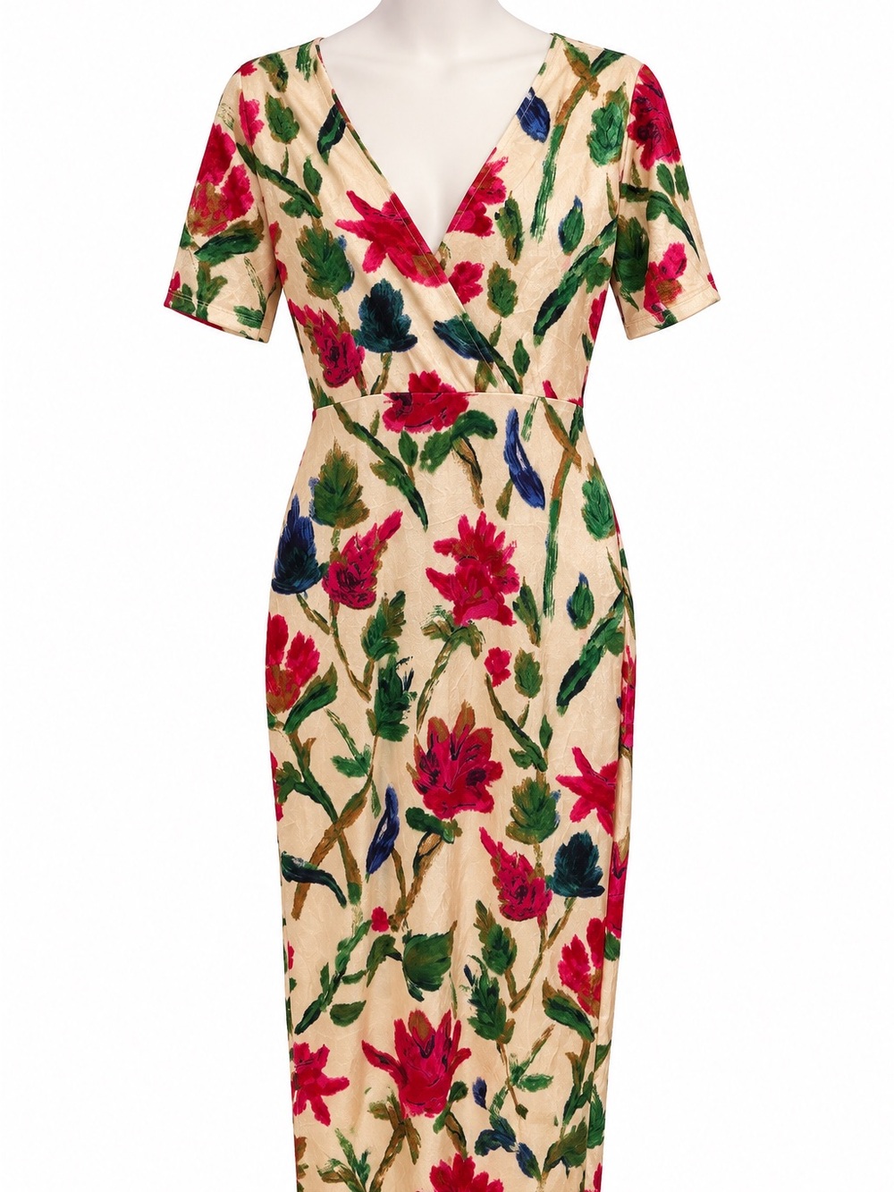 Zara Trafaluc Floral Wrap Dress Size Medium Cream Pink Red Green Short Sleeve